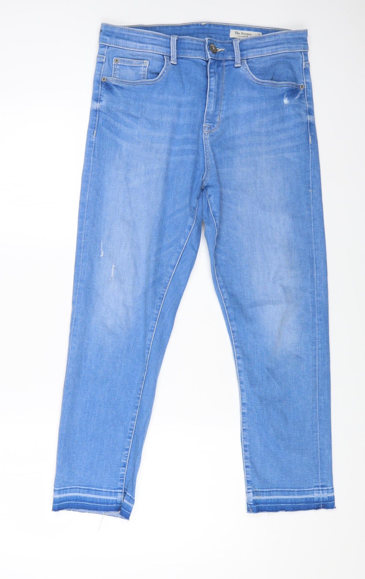 Marks and Spencer Womens Blue Cotton Tapered Jeans Size 12 L24 in Extra-Slim Zip