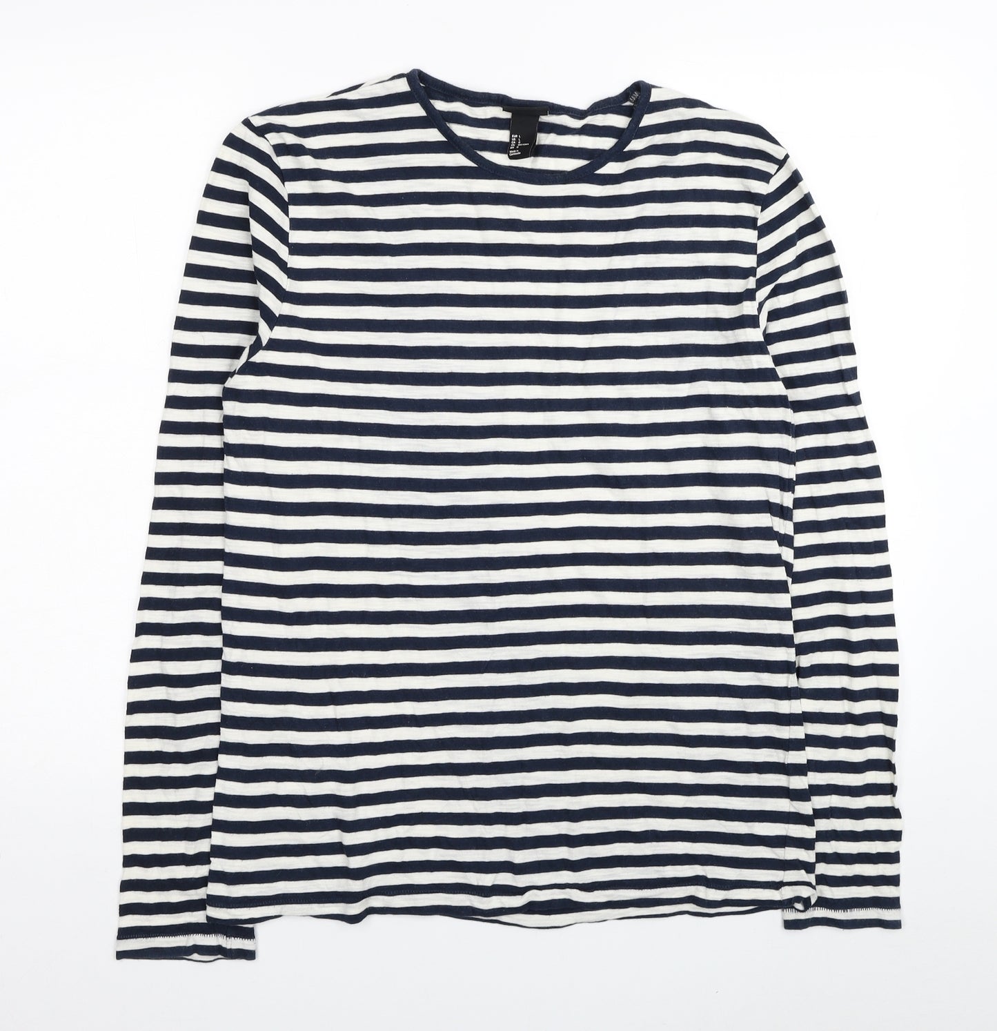 H&M Womens Blue Striped Cotton Basic T-Shirt Size L Round Neck