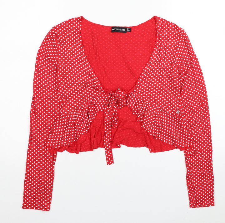 PRETTYLITTLETHING Womens Red Polka Dot Viscose Kimono T-Shirt Size 8 V-Neck