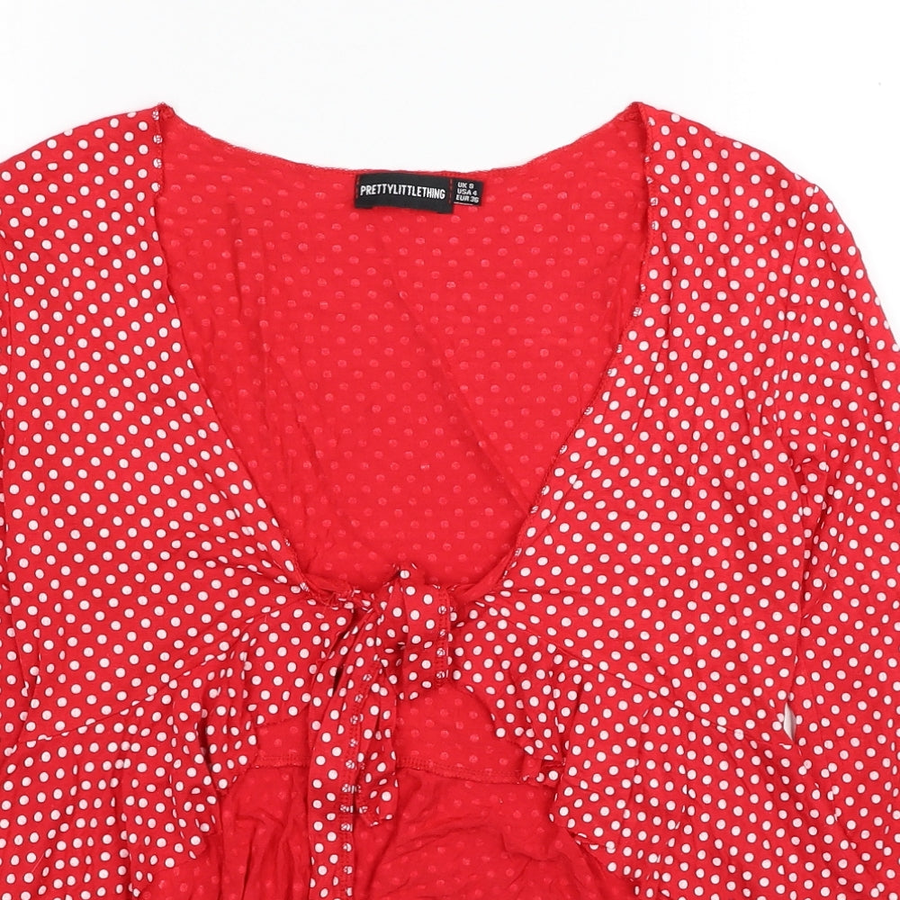 PRETTYLITTLETHING Womens Red Polka Dot Viscose Kimono T-Shirt Size 8 V-Neck