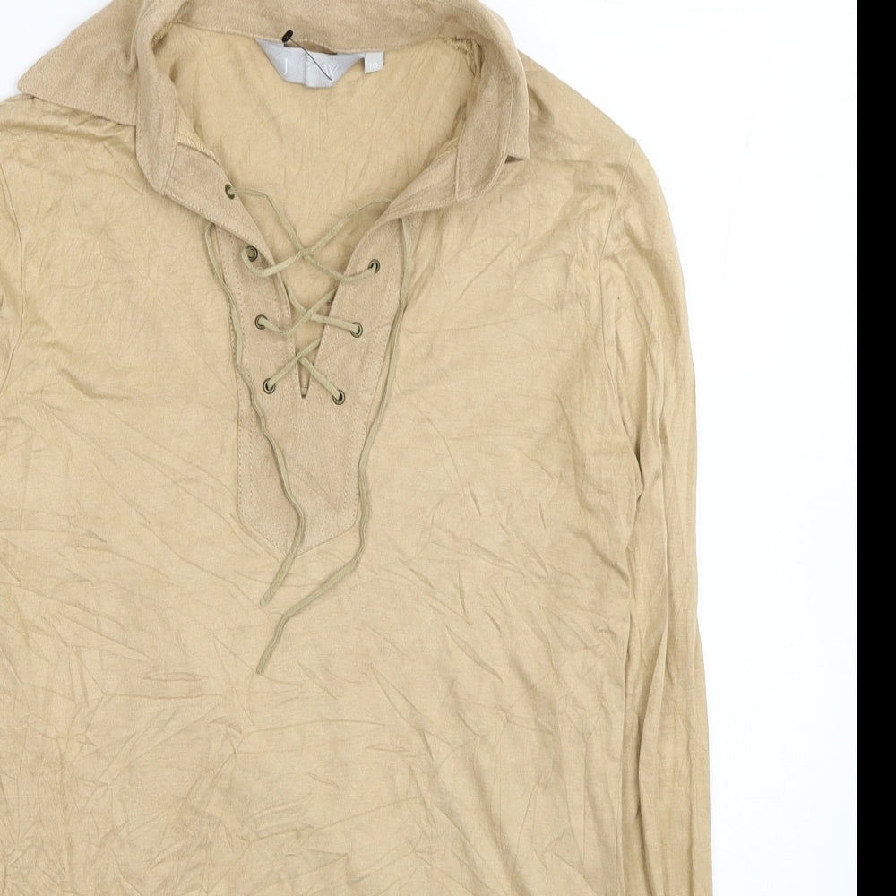 JFW Womens Beige Viscose Basic Blouse Size 10 V-Neck - Lace Up