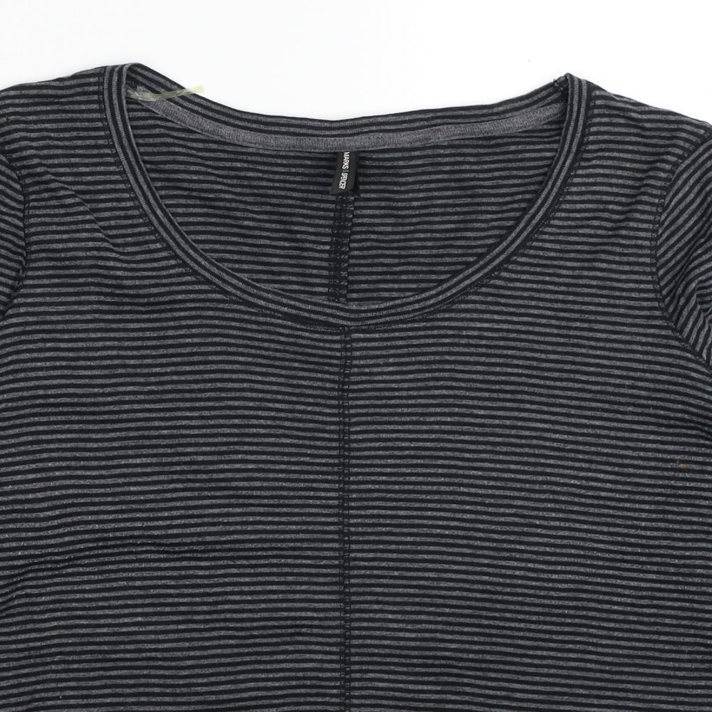 Marks and Spencer Womens Grey Striped Cotton Basic T-Shirt Size 12 Scoop Neck