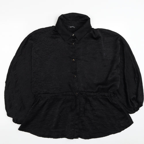 Boohoo Womens Black Polyester Basic Button-Up Size 14 Collared