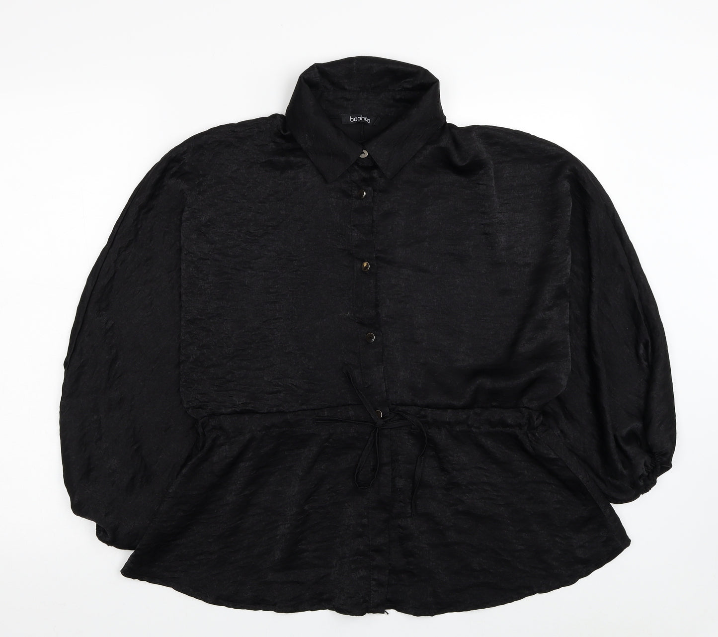 Boohoo Womens Black Polyester Basic Button-Up Size 14 Collared