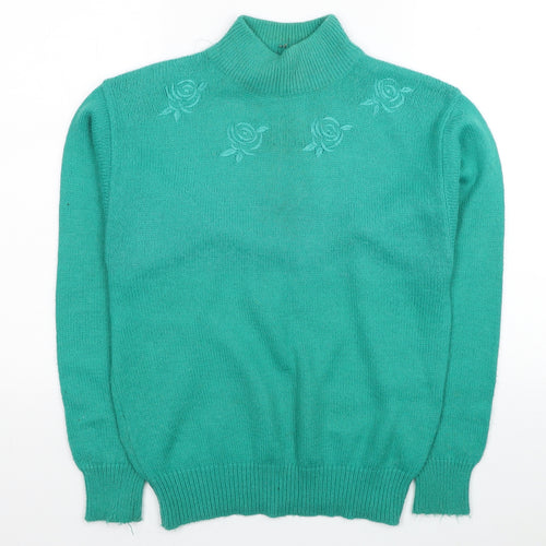 Poppy Womens Green Mock Neck Acrylic Pullover Jumper Size 10 - Flowers