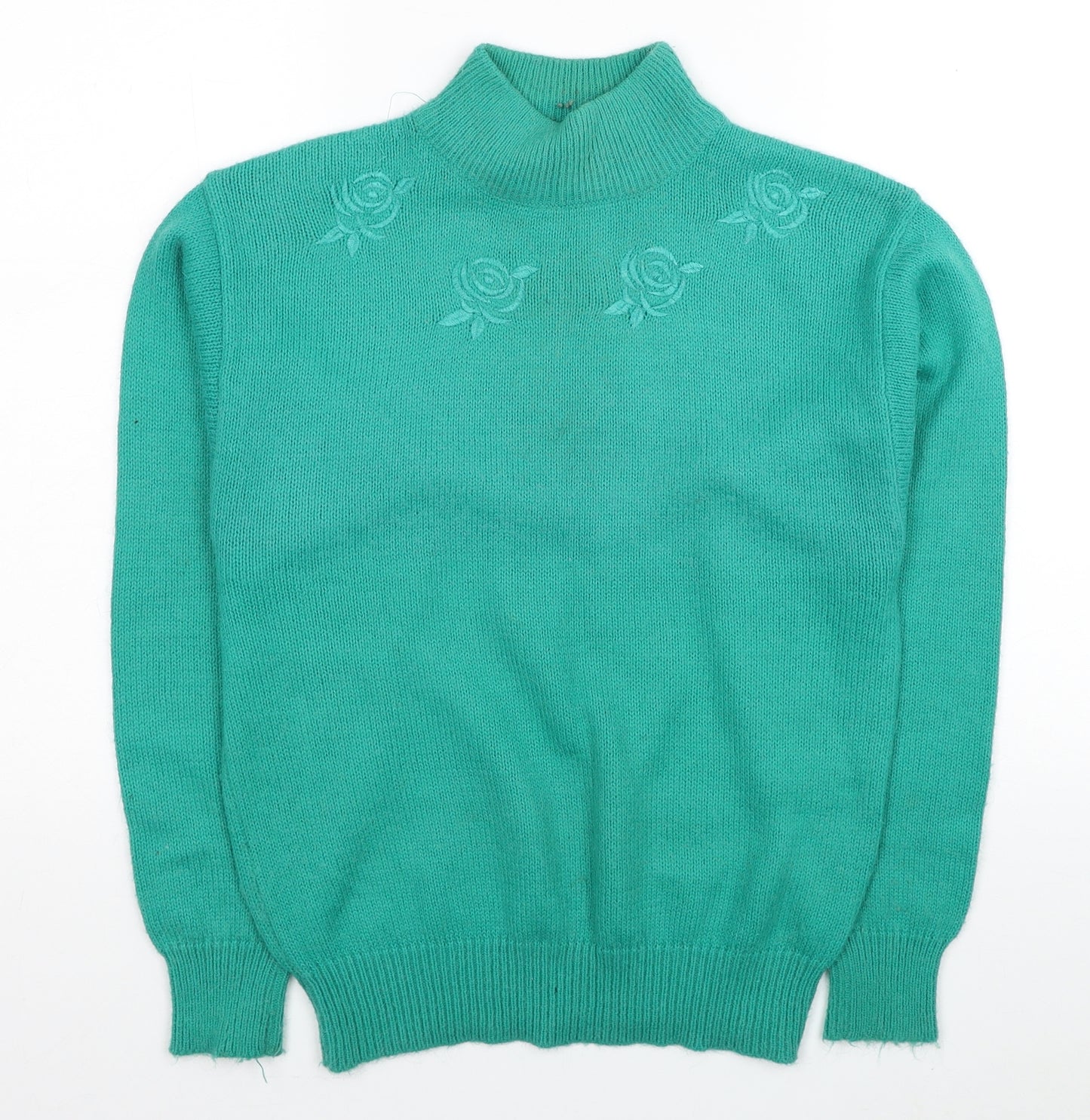Poppy Womens Green Mock Neck Acrylic Pullover Jumper Size 10 - Flowers