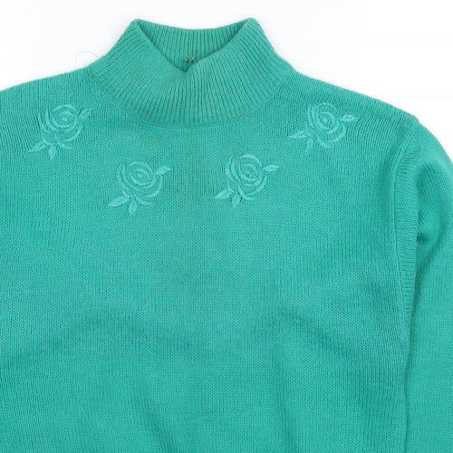 Poppy Womens Green Mock Neck Acrylic Pullover Jumper Size 10 - Flowers