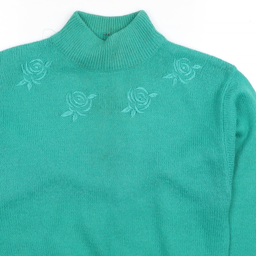 Poppy Womens Green Mock Neck Acrylic Pullover Jumper Size 10 - Flowers