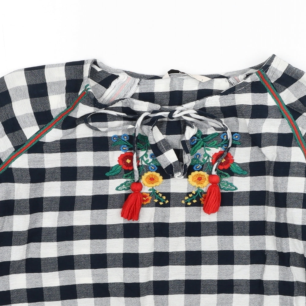 TU Womens Blue Check Cotton Basic T-Shirt Size 8 Boat Neck - Flowers