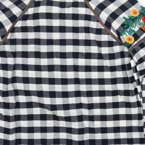 TU Womens Blue Check Cotton Basic T-Shirt Size 8 Boat Neck - Flowers