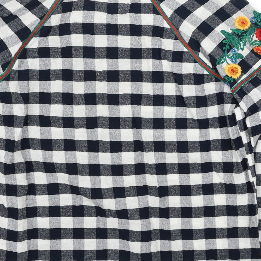 TU Womens Blue Check Cotton Basic T-Shirt Size 8 Boat Neck - Flowers