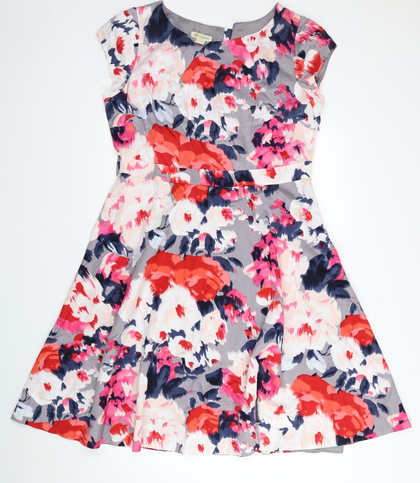 Monsoon Womens Multicoloured Floral Cotton Fit & Flare Size 14 Boat Neck Button