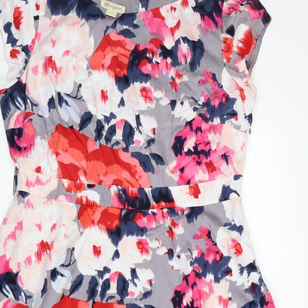 Monsoon Womens Multicoloured Floral Cotton Fit & Flare Size 14 Boat Neck Button