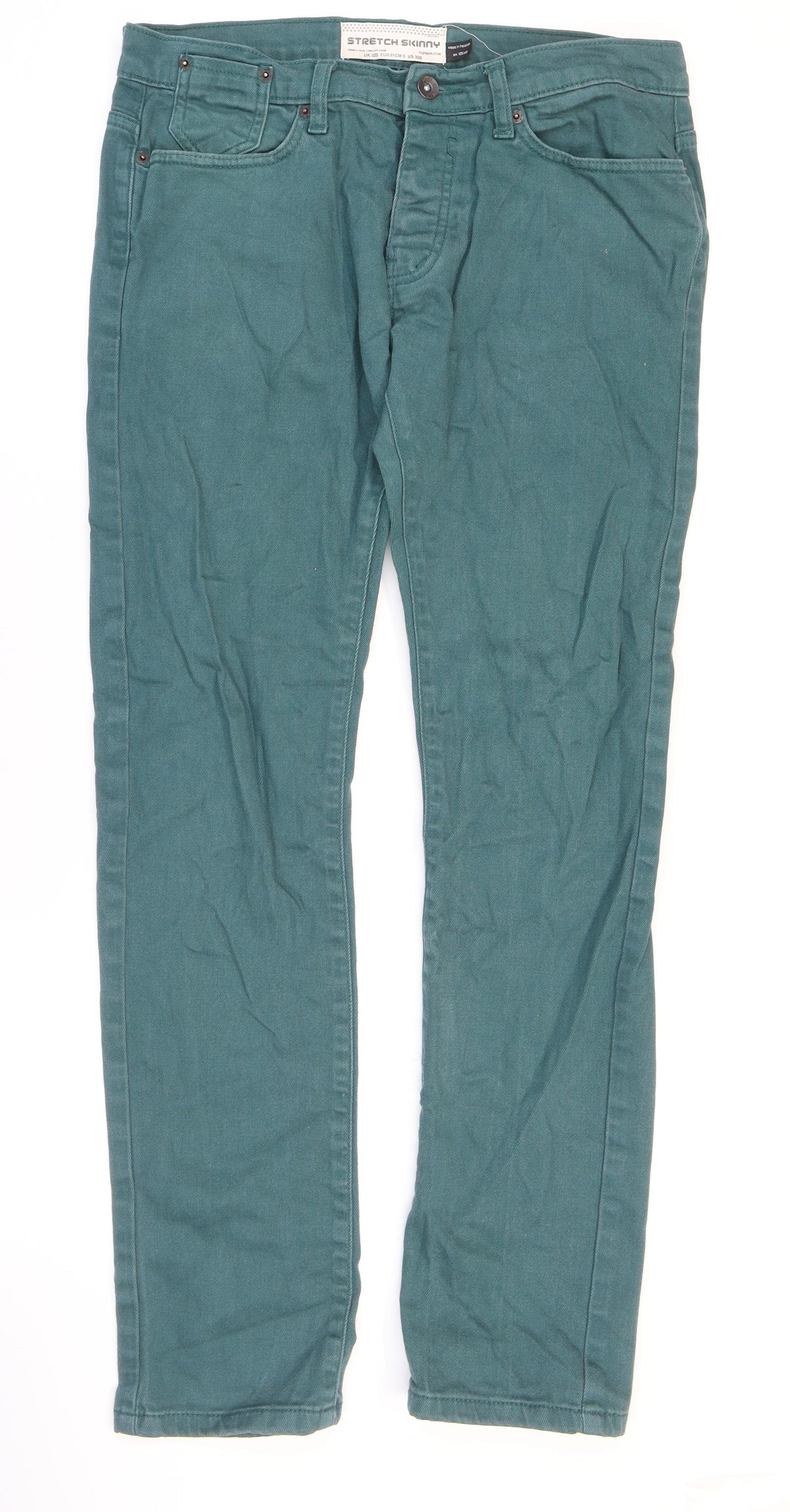 Topman Mens Green Cotton Straight Jeans Size 32 in L29 in Regular Zip