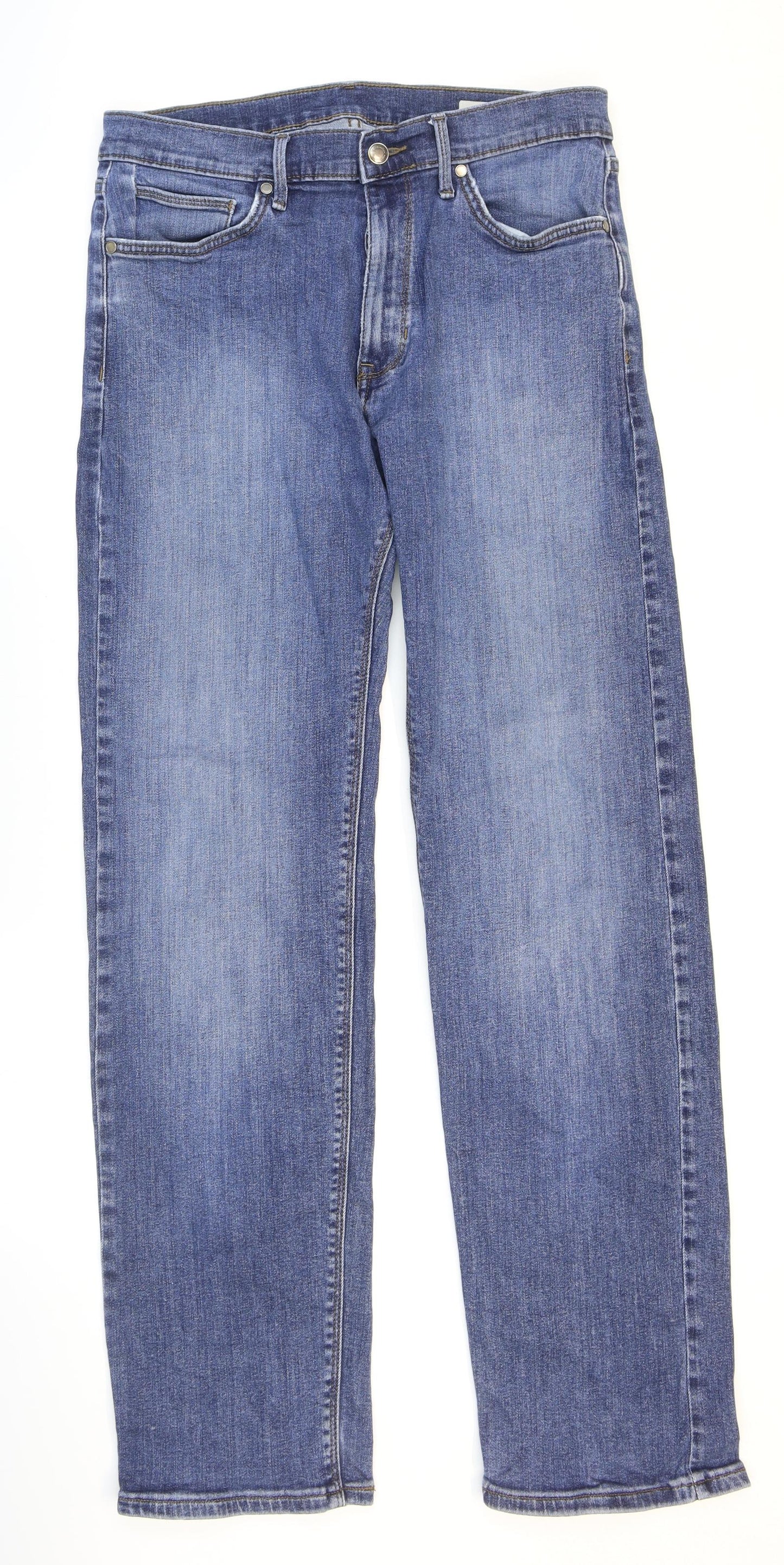 Marks and Spencer Mens Blue Cotton Straight Jeans Size 32 in L33 in Regular Zip