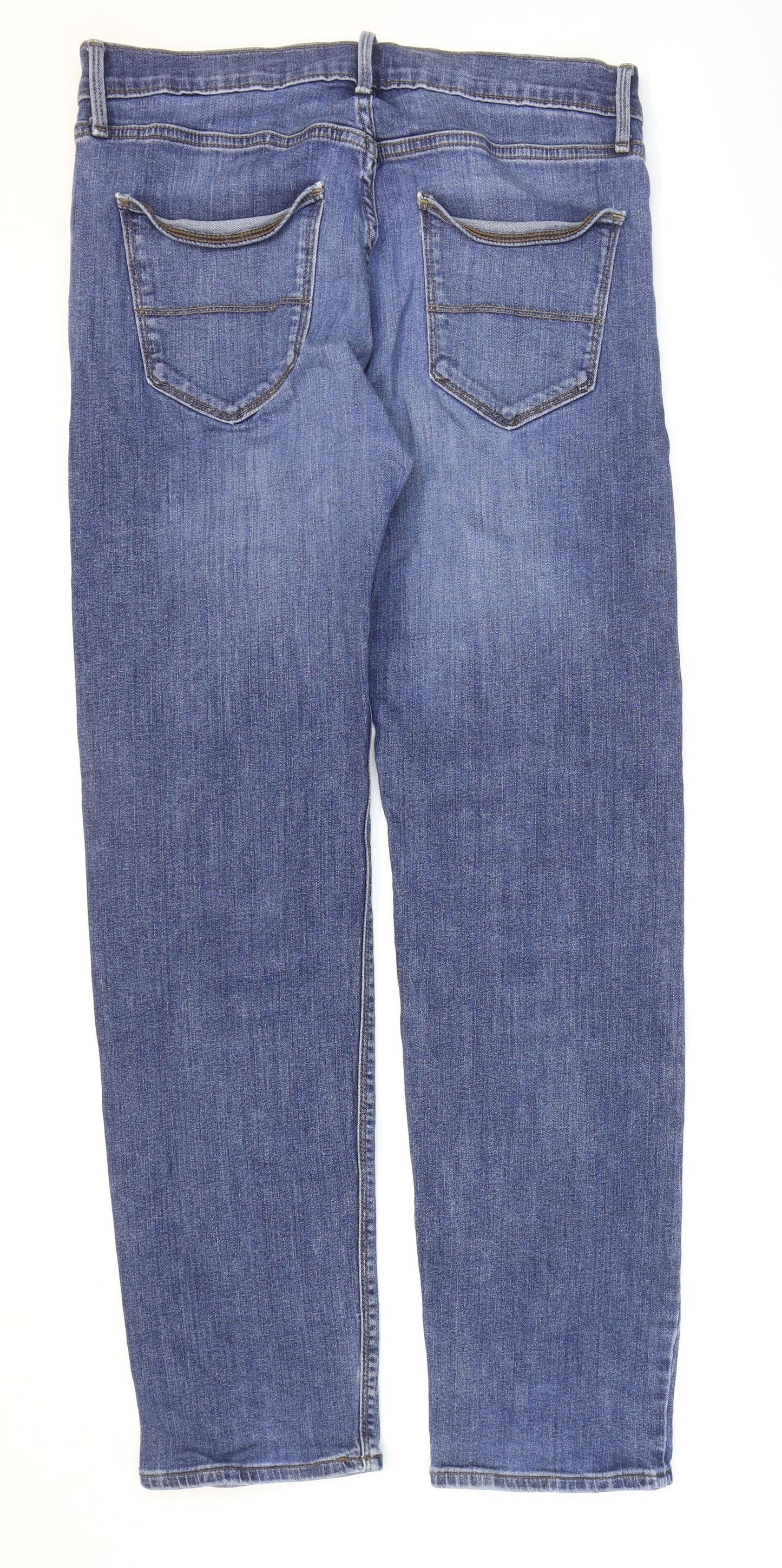 Marks and Spencer Mens Blue Cotton Straight Jeans Size 32 in L33 in Regular Zip