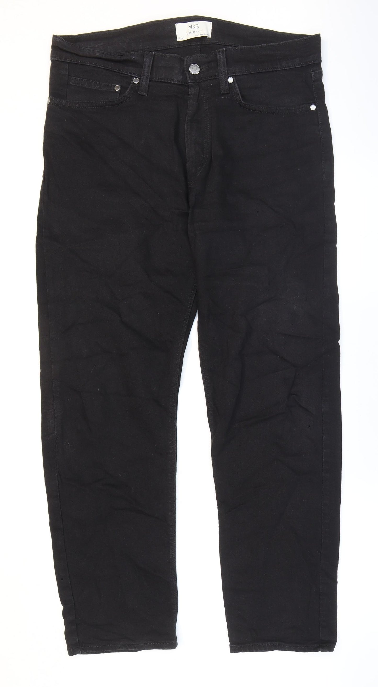 Marks and Spencer Mens Black Cotton Straight Jeans Size 31 in L32 in Regular Zip