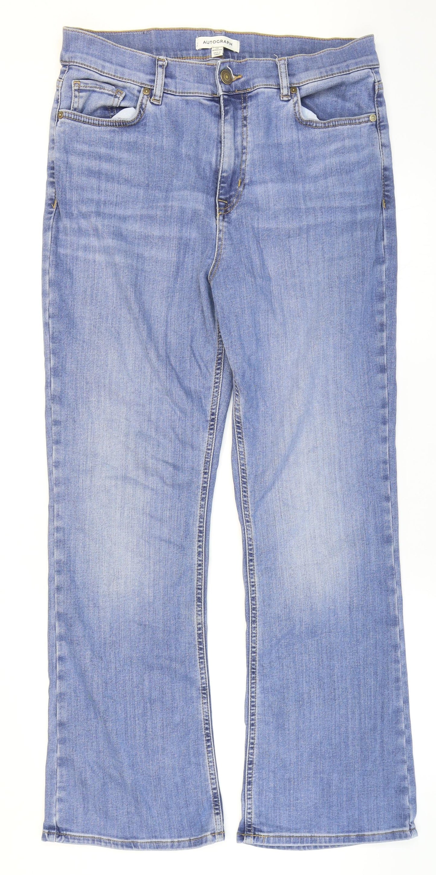 Marks and Spencer Womens Blue Cotton Flared Jeans Size 14 L30 in Regular Zip - Washed look
