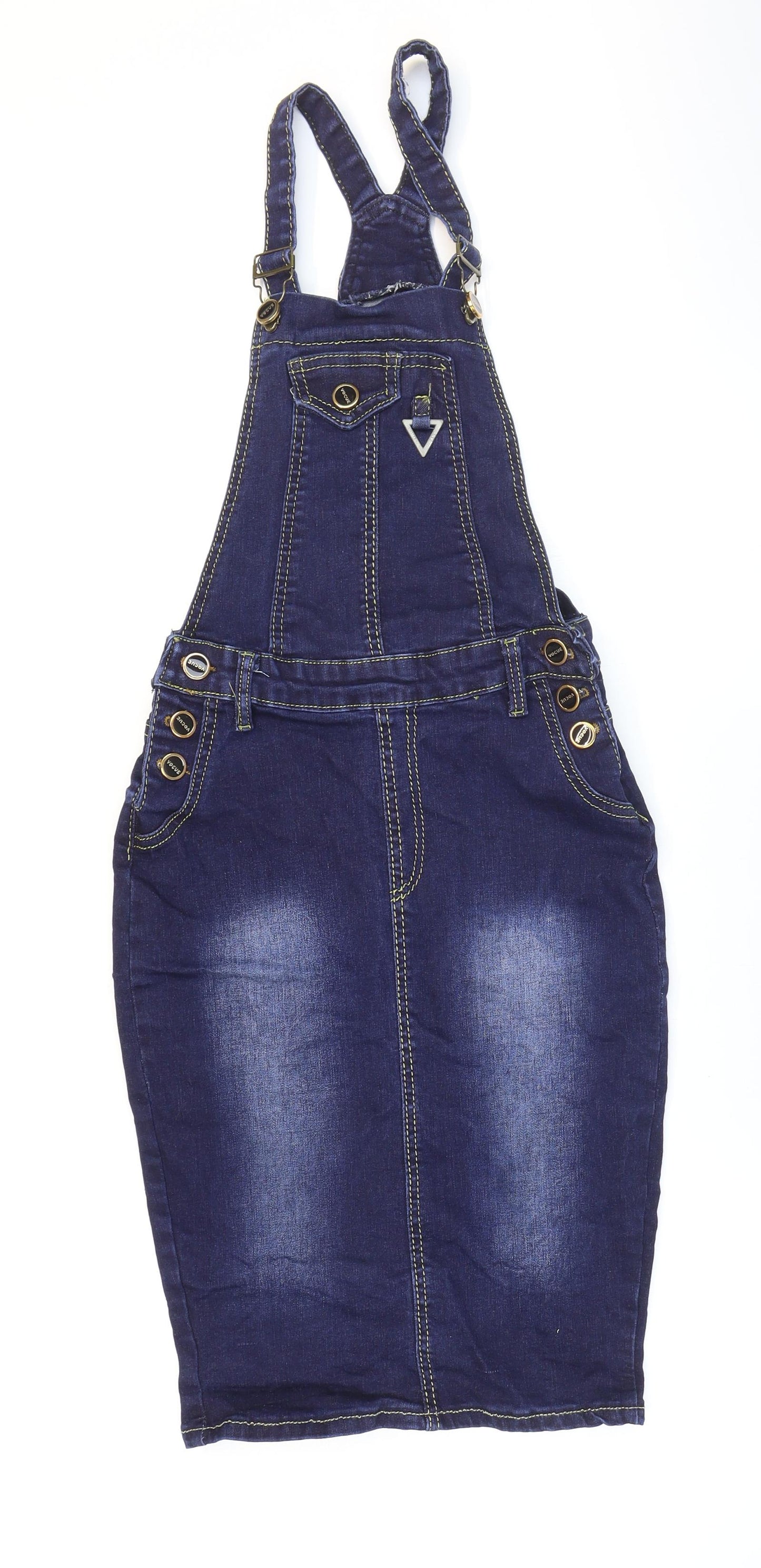 Preworn Womens Blue Cotton Pinafore/Dungaree Dress Size XS Square Neck Buckle