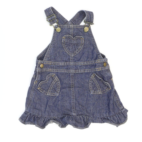 NEXT Girls Blue Cotton Pinafore/Dungaree Dress Size 2 Years Square Neck Buckle - Hearts