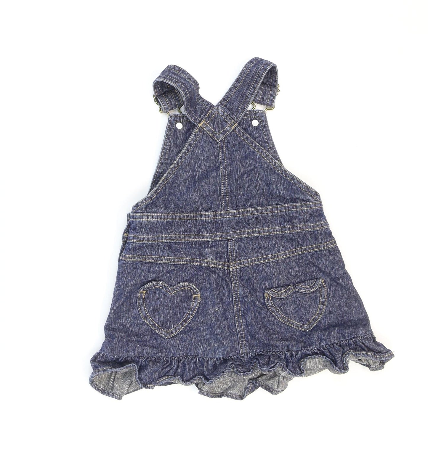 NEXT Girls Blue Cotton Pinafore/Dungaree Dress Size 2 Years Square Neck Buckle - Hearts