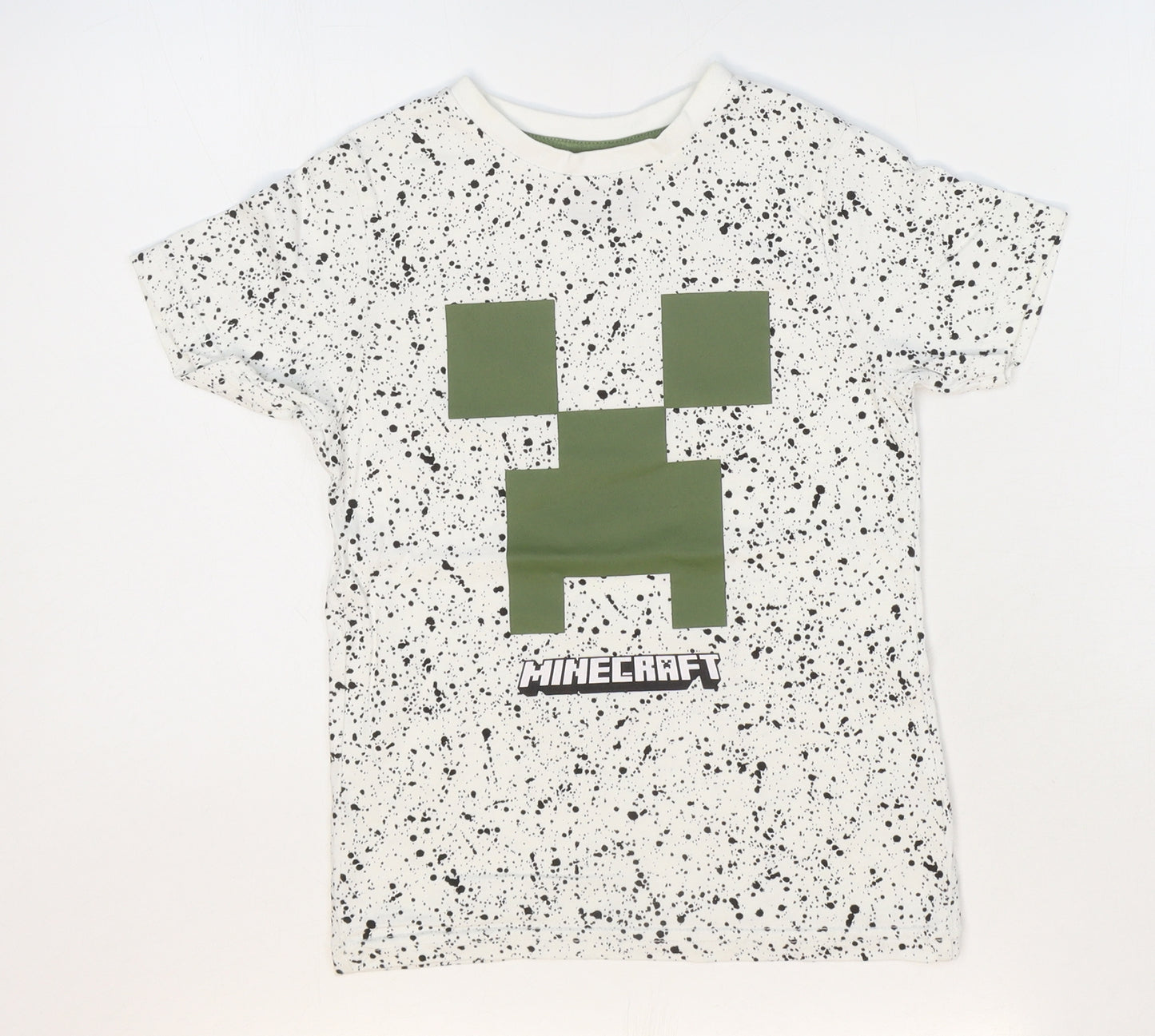 George Boys White Geometric 100% Cotton Basic T-Shirt Size 7-8 Years Round Neck Pullover - Minecraft
