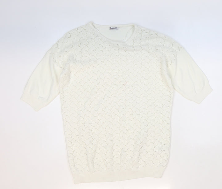 Damart Womens White Round Neck Geometric Acrylic Pullover Jumper Size 10