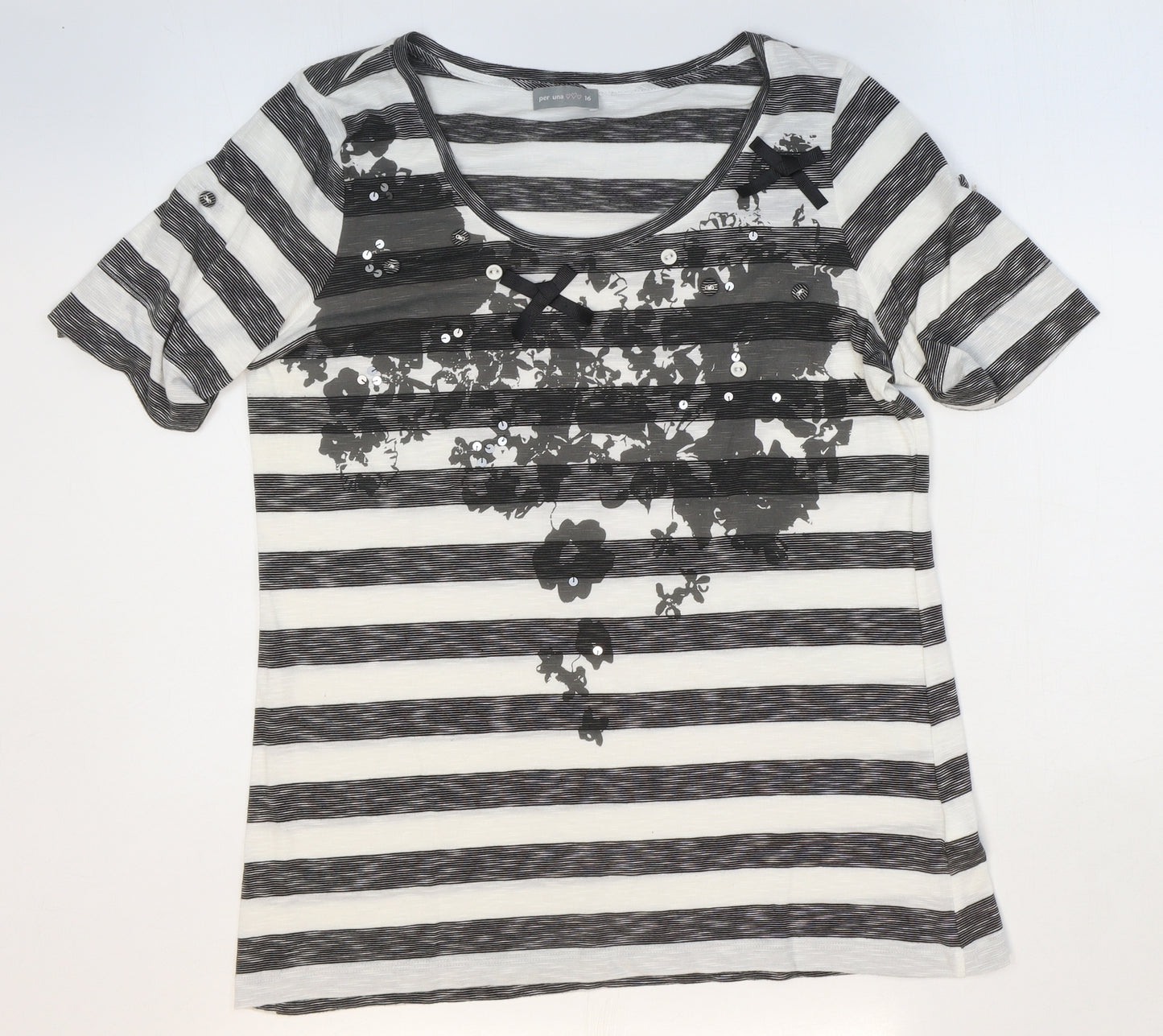 Per Una Womens Black Striped Viscose Basic T-Shirt Size 16 Scoop Neck - Flowers