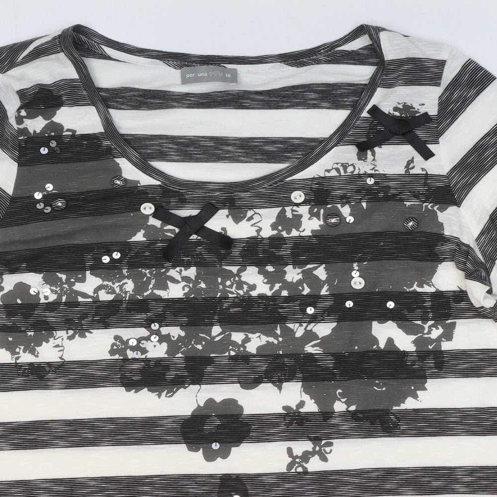 Per Una Womens Black Striped Viscose Basic T-Shirt Size 16 Scoop Neck - Flowers
