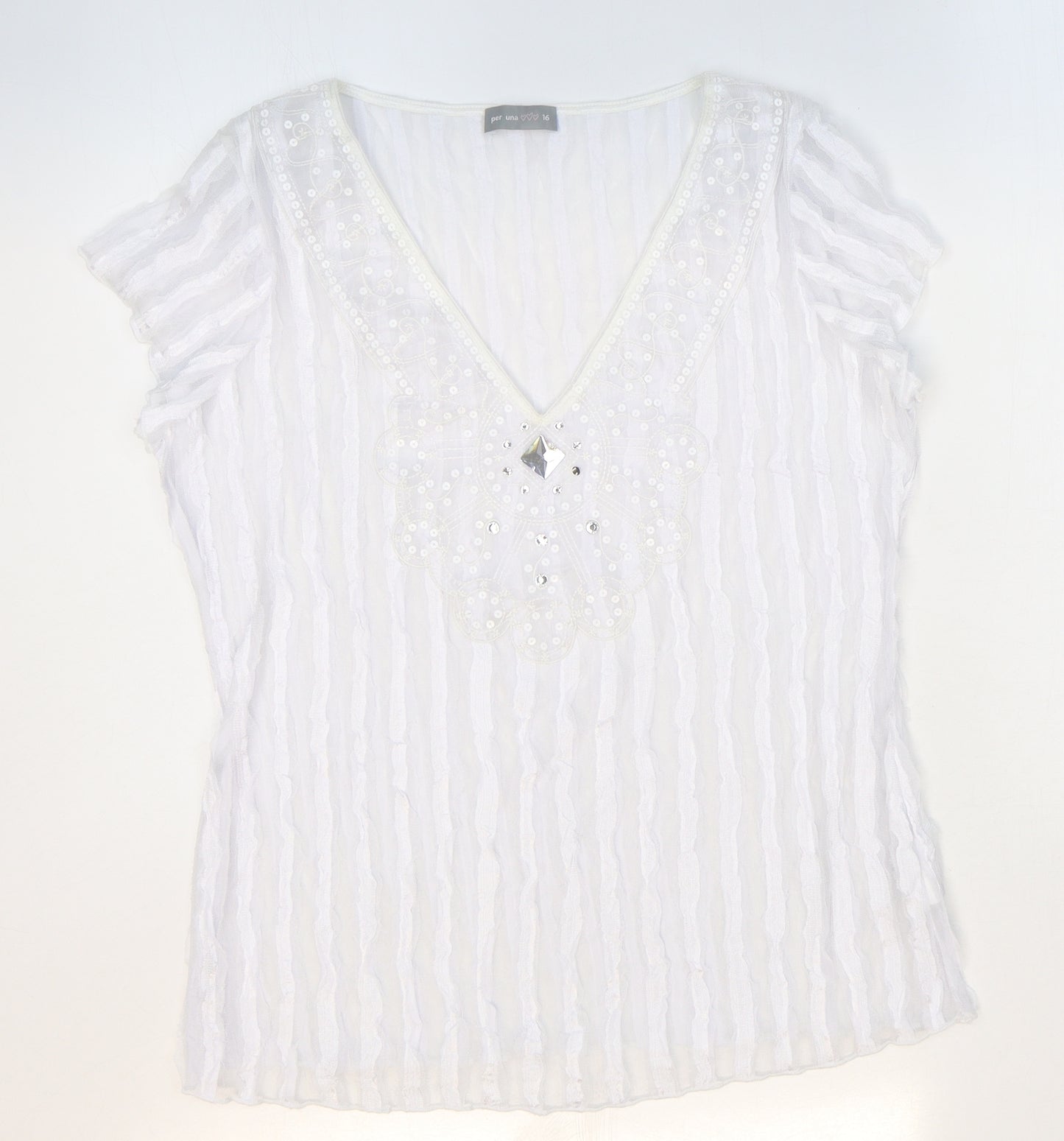 Per Una Womens White Striped Polyester Basic Blouse Size 16 V-Neck
