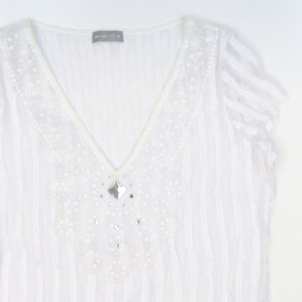Per Una Womens White Striped Polyester Basic Blouse Size 16 V-Neck