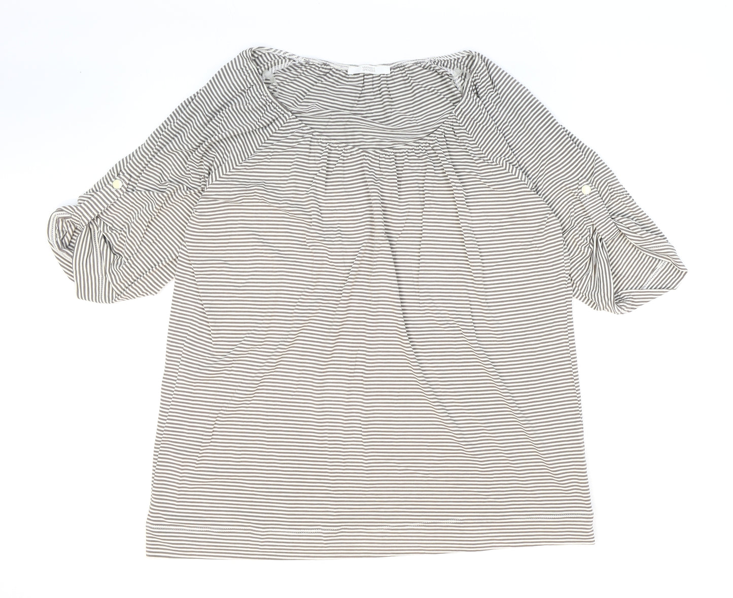 Marks and Spencer Womens Black Striped Viscose Basic T-Shirt Size 16 Round Neck