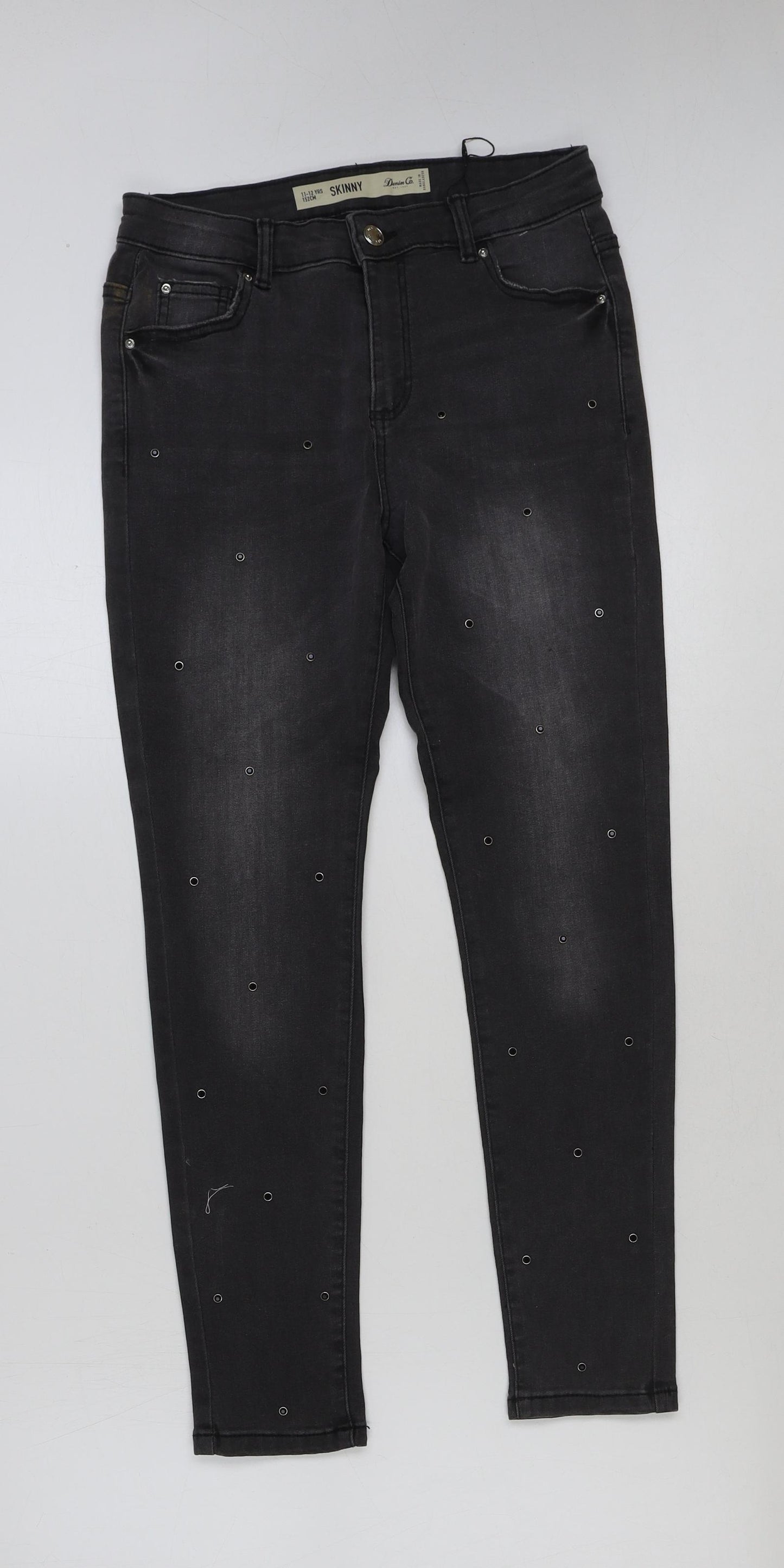 Denim & Co. Girls Grey Cotton Skinny Jeans Size 11-12 Years Regular Button