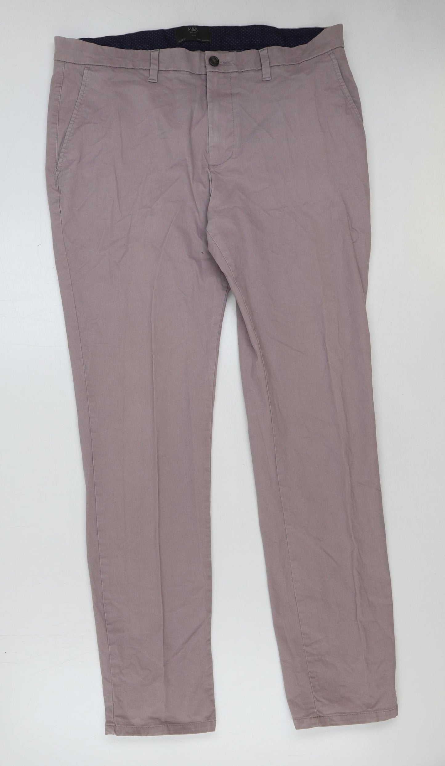 Marks and Spencer Mens Purple Cotton Trousers Size 36 in L33 in Regular Button