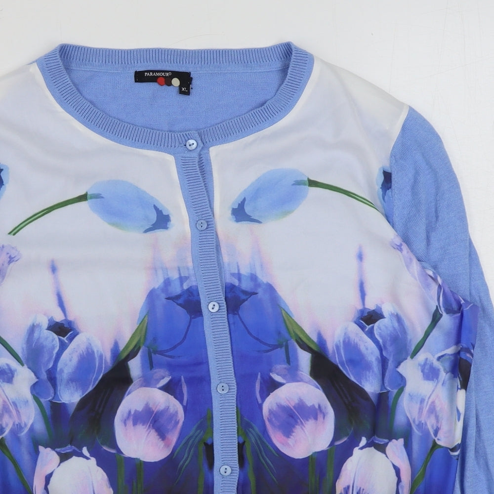 Paramour Womens Blue Round Neck Floral Cotton Cardigan Jumper Size XL