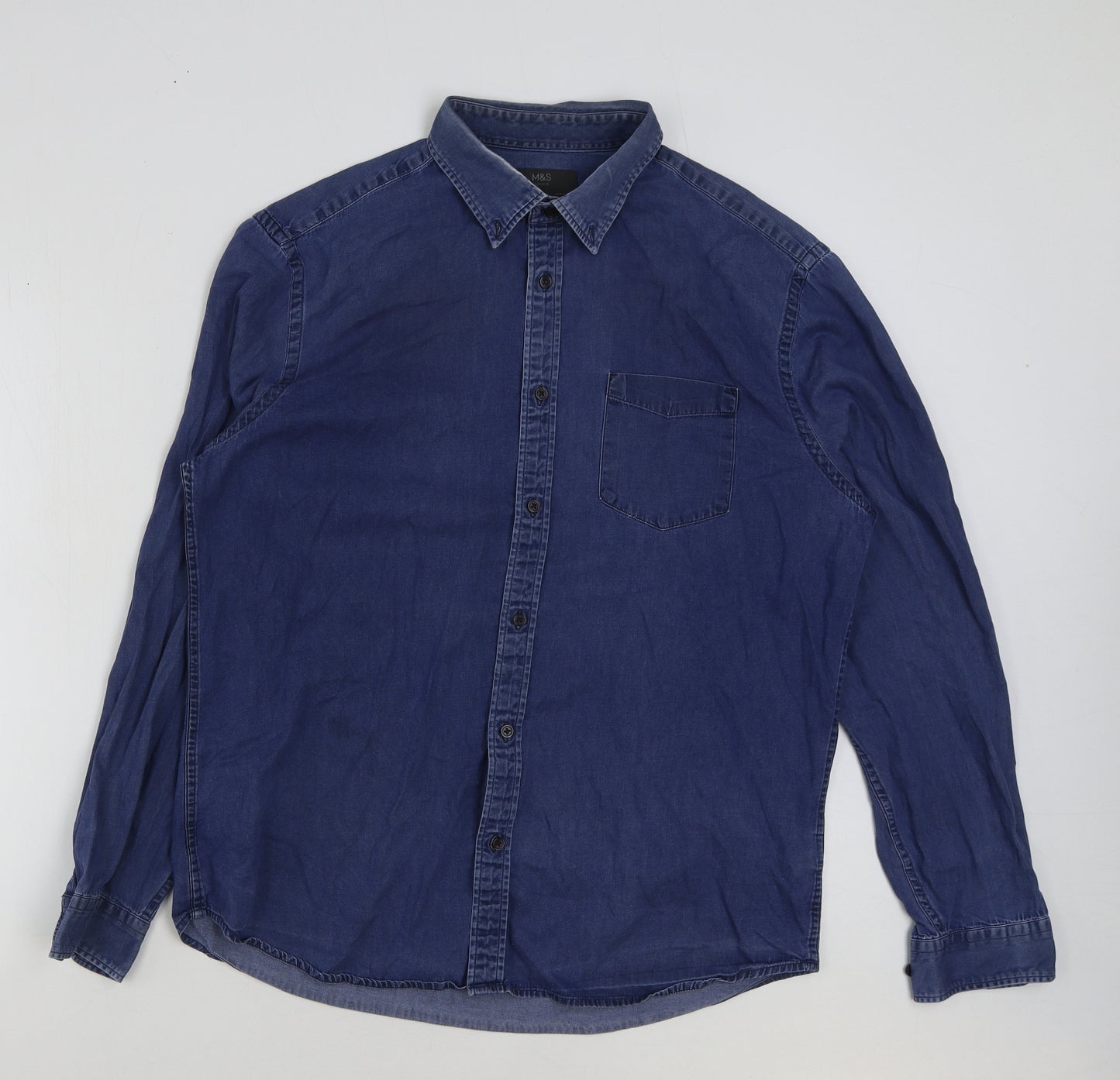 Marks and Spencer Mens Blue Cotton Button-Up Size L Collared Button