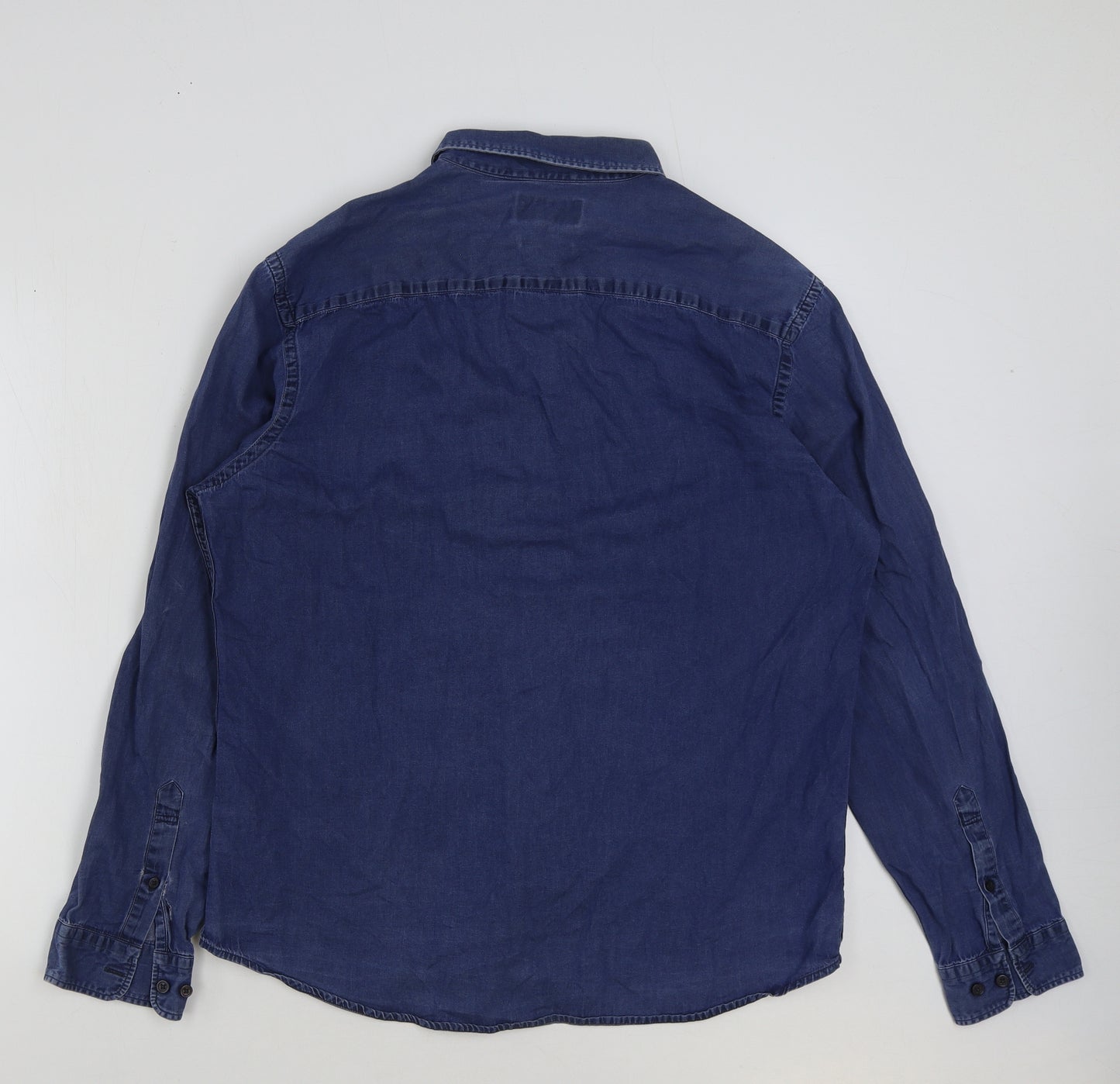 Marks and Spencer Mens Blue Cotton Button-Up Size L Collared Button