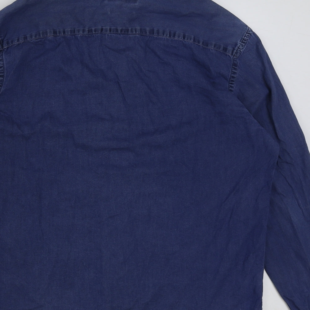 Marks and Spencer Mens Blue Cotton Button-Up Size L Collared Button