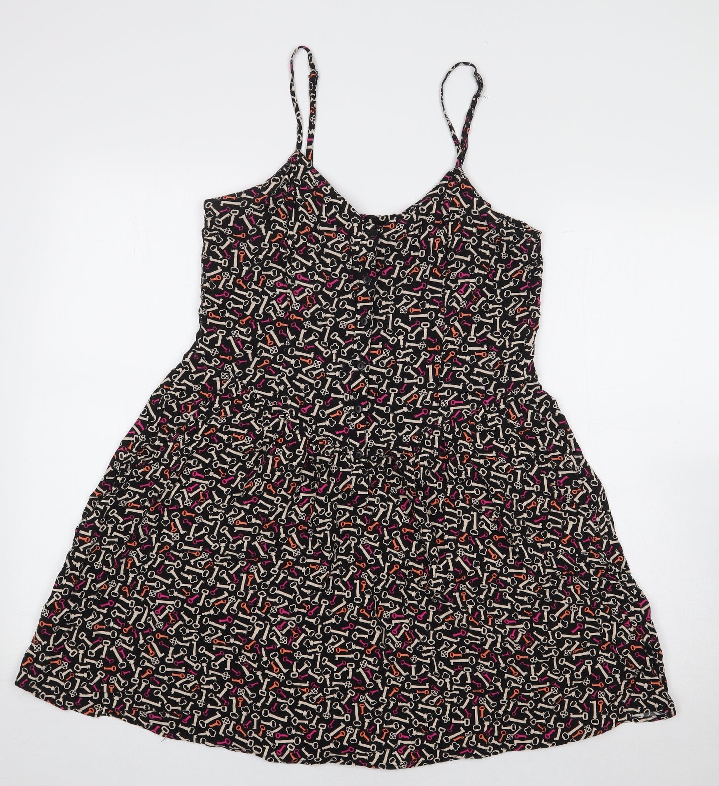 H&M Womens Black Geometric Viscose A-Line Size 14 V-Neck Button - Key Print