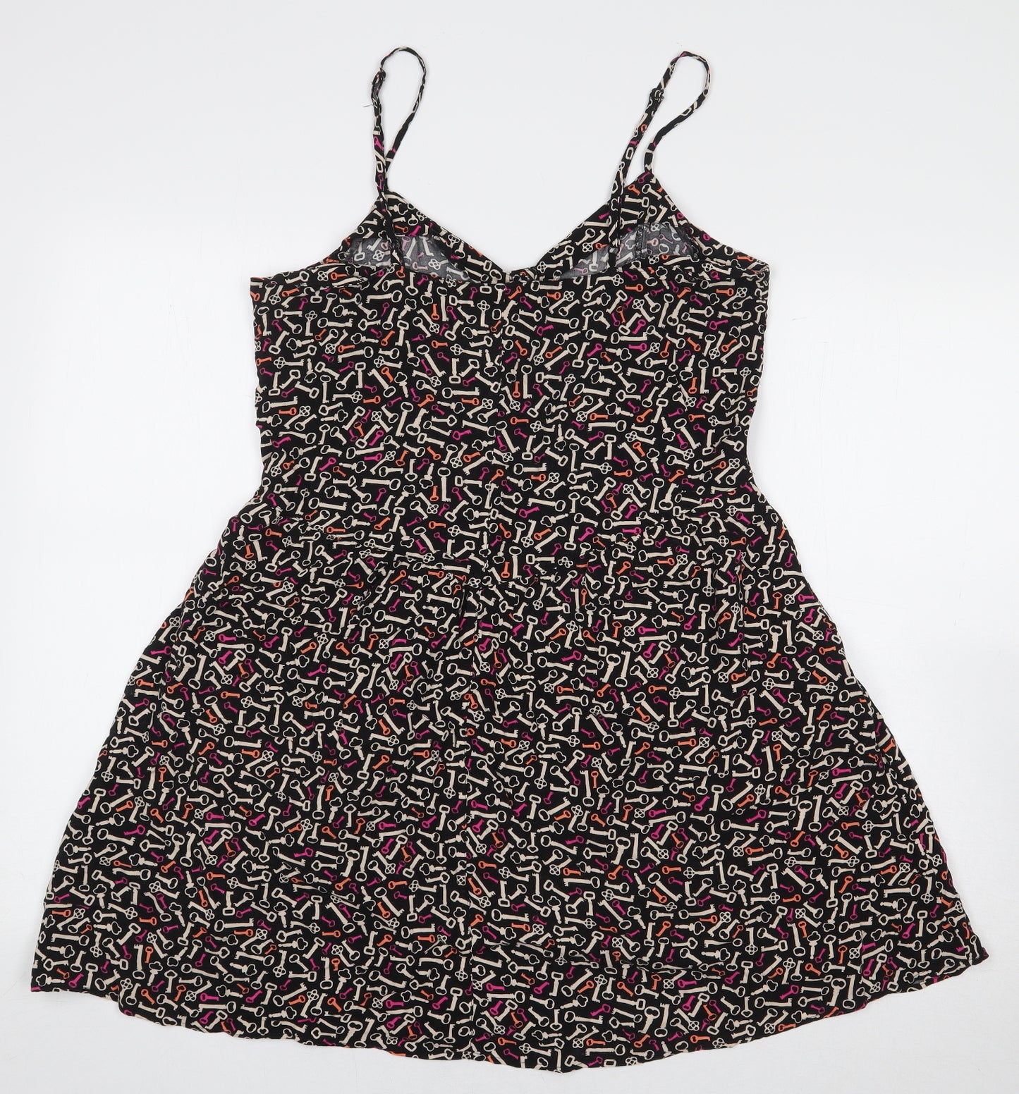 H&M Womens Black Geometric Viscose A-Line Size 14 V-Neck Button - Key Print