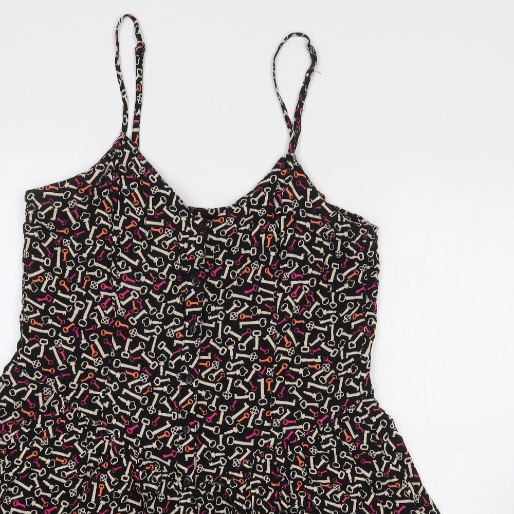 H&M Womens Black Geometric Viscose A-Line Size 14 V-Neck Button - Key Print