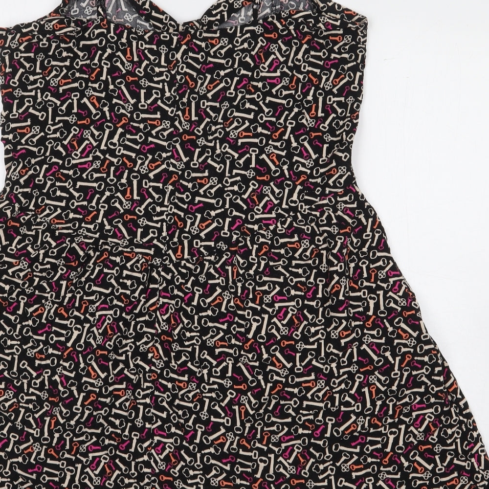 H&M Womens Black Geometric Viscose A-Line Size 14 V-Neck Button - Key Print