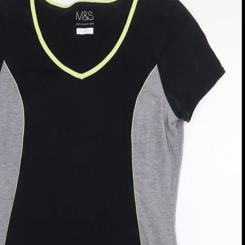 Marks and Spencer Womens Black Colourblock Cotton Basic T-Shirt Size 10 V-Neck Pullover
