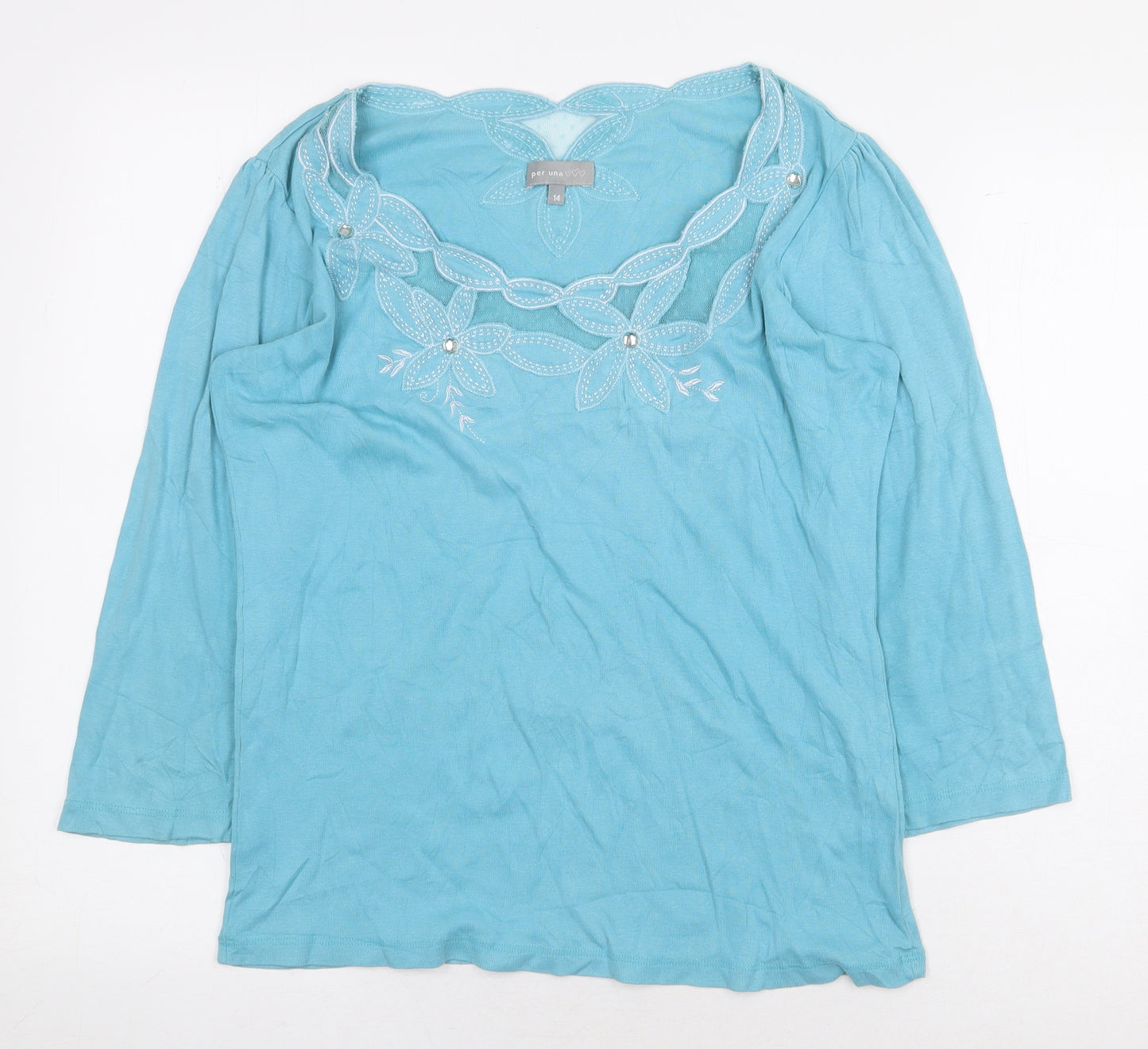 Per Una Womens Blue 100% Cotton Basic Blouse Size 14 Boat Neck