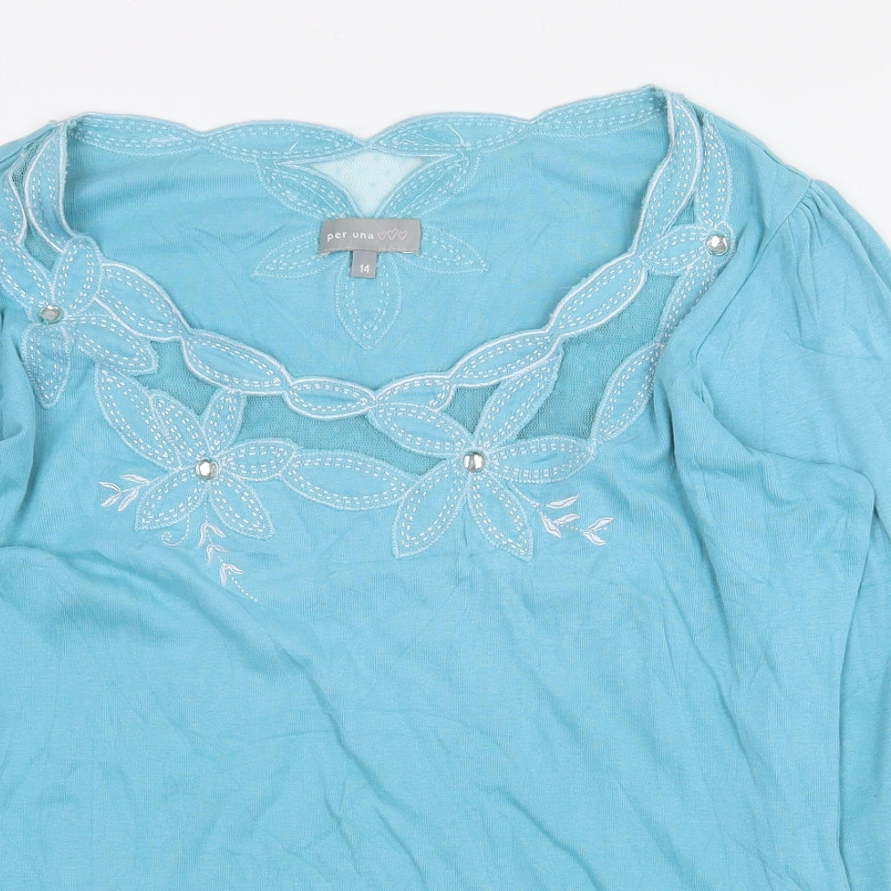 Per Una Womens Blue 100% Cotton Basic Blouse Size 14 Boat Neck