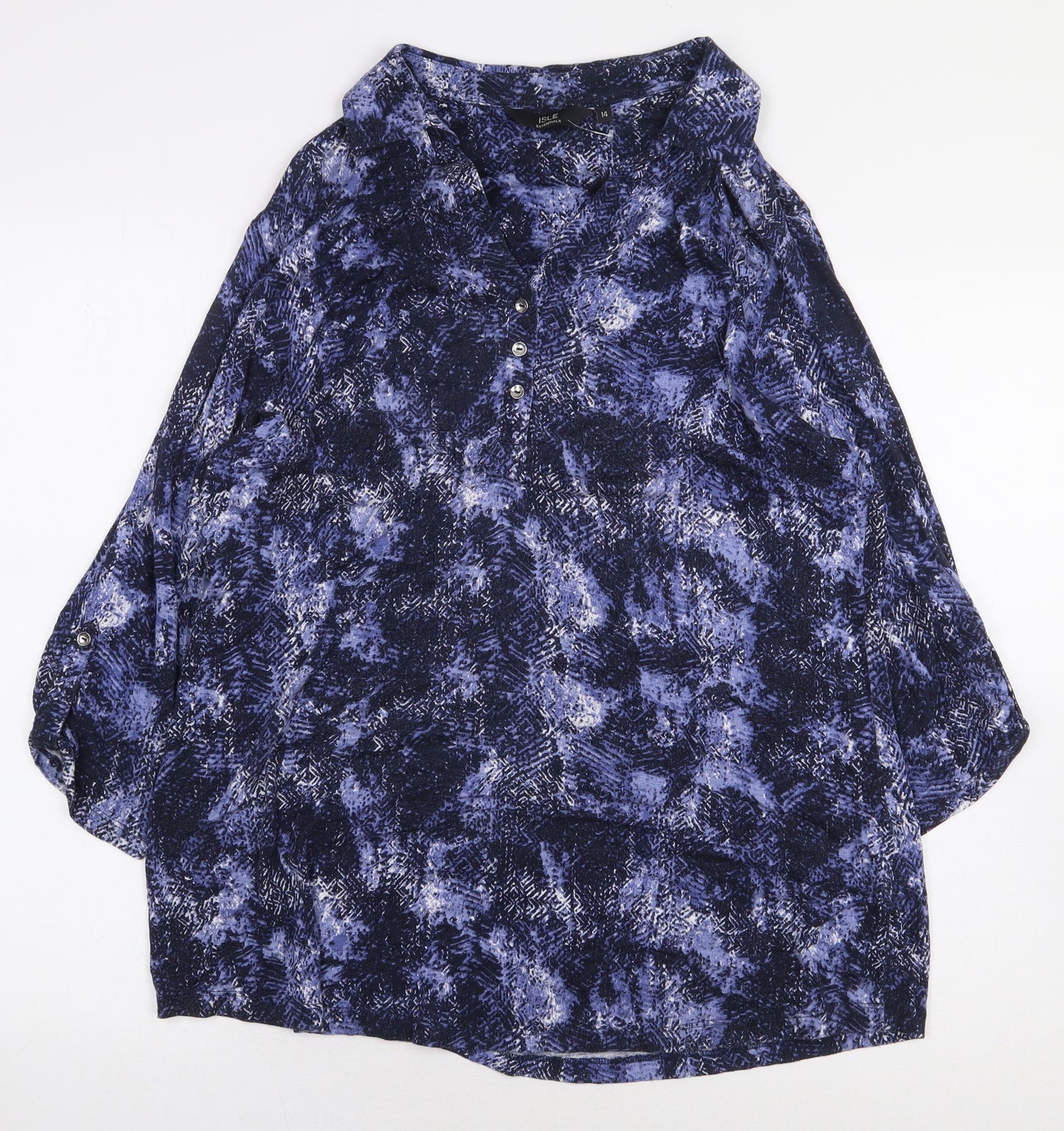 Isle Essentials Womens Blue Animal Print Viscose Basic Blouse Size 14 Collared