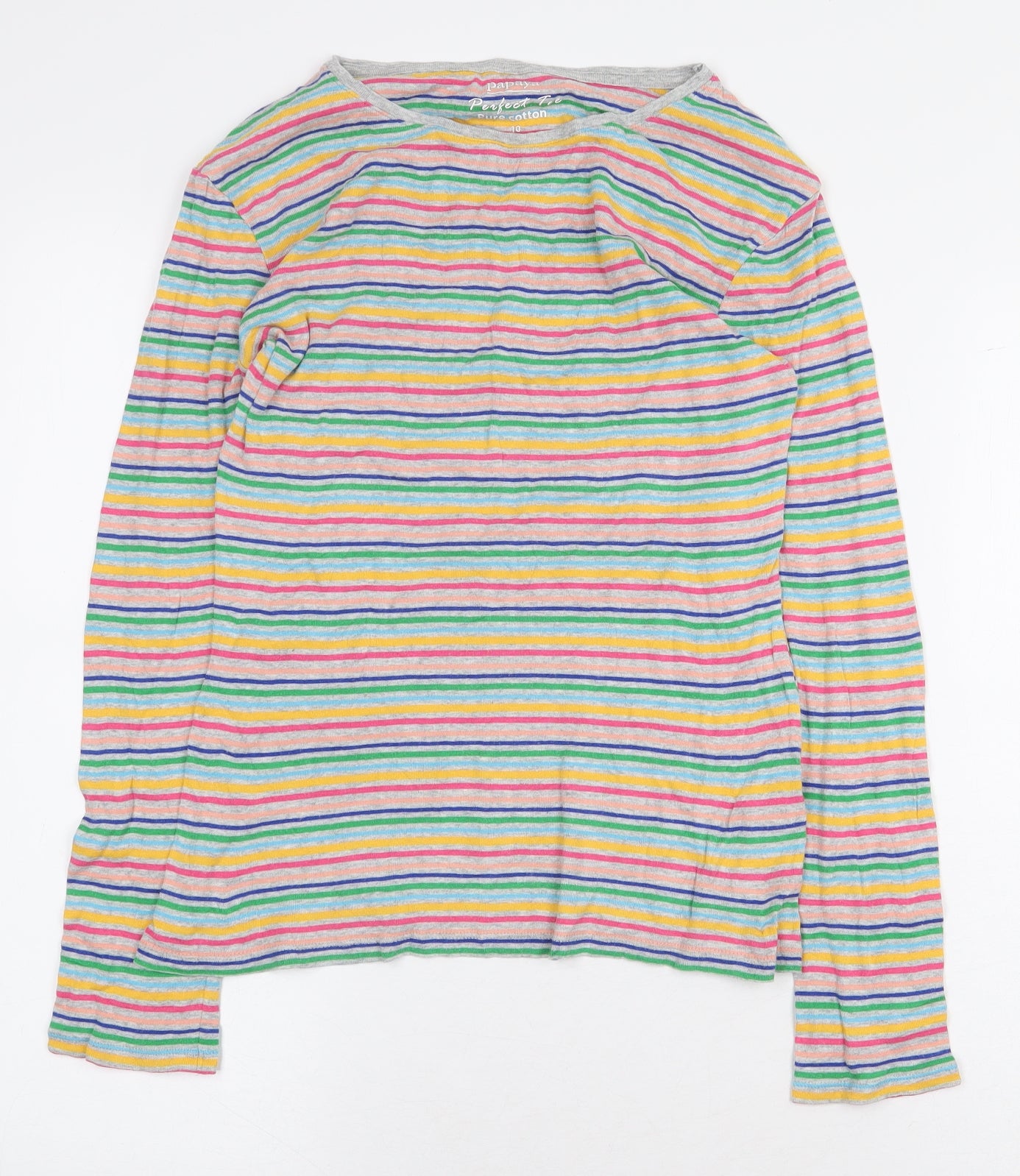 Papaya Womens Multicoloured Striped 100% Cotton Basic T-Shirt Size 10 Round Neck