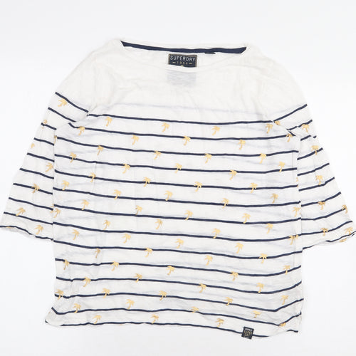 Superdry Womens White Striped Cotton Basic T-Shirt Size S Boat Neck - Palm Trees