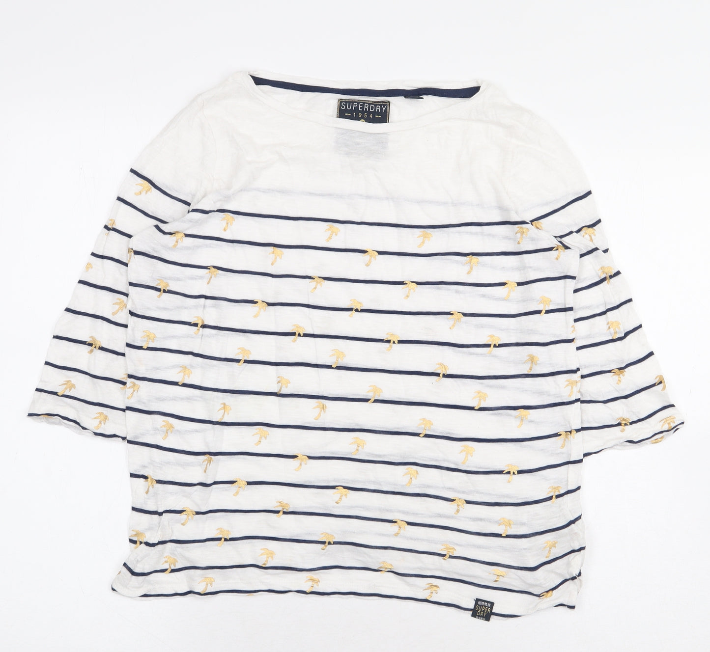 Superdry Womens White Striped Cotton Basic T-Shirt Size S Boat Neck - Palm Trees