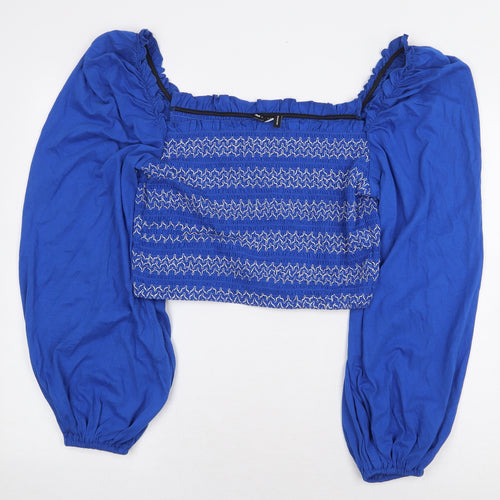 ASOS Womens Blue Geometric Cotton Cropped Blouse Size 16 Square Neck - Balloon Sleeves